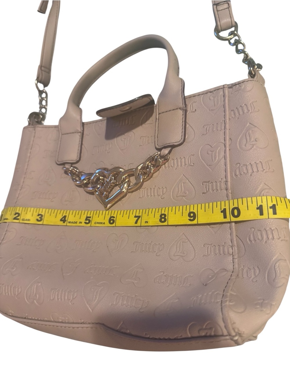 Juicy Couture Blush Pink Embossed Logo Tote with Gold Heart Chain